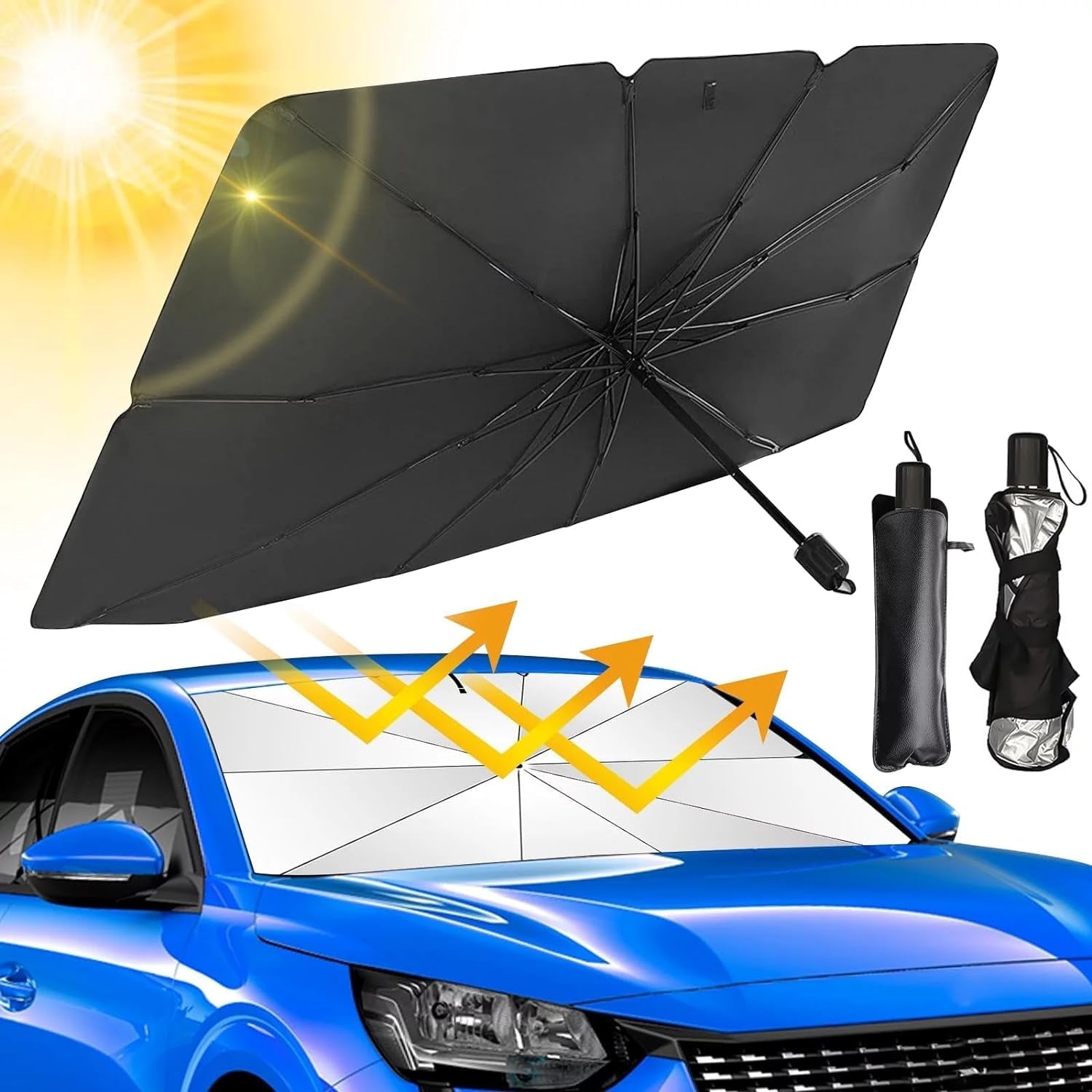 Carbrella Metal Car Windshield Sun Shade Umbrella, Foldable Car Sunshades Reflect And Protect Vehicle From UV Sun And Heat, Easy To Use/Store, 56 In X 31 In, Fit Most Vehicle, Black